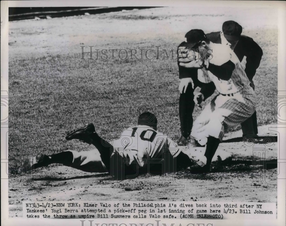 1951 Press Photo A&#39;s Elmer Valo forced out vs Yankees Yogi Berra - nea24250-Historic Images