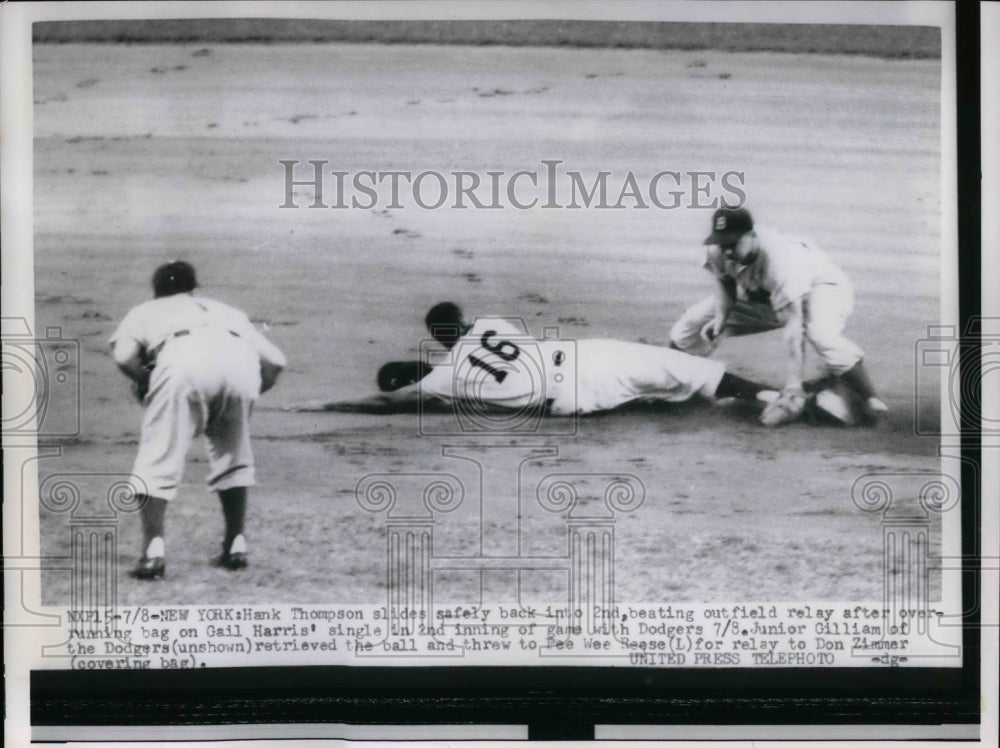 1955 Press Photo Hank Thompson slides to 2nd vs Dodger PeeWee Reese-Historic Images