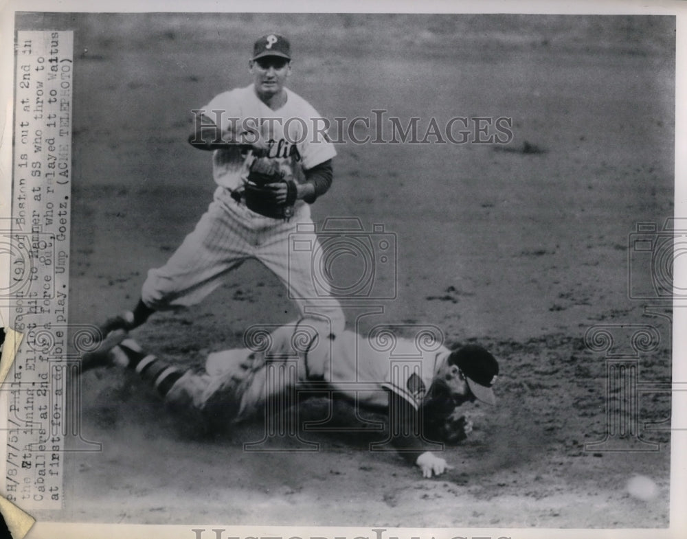 1951 Press Photo Orioles player vs Caballers of Phillies - Historic Images