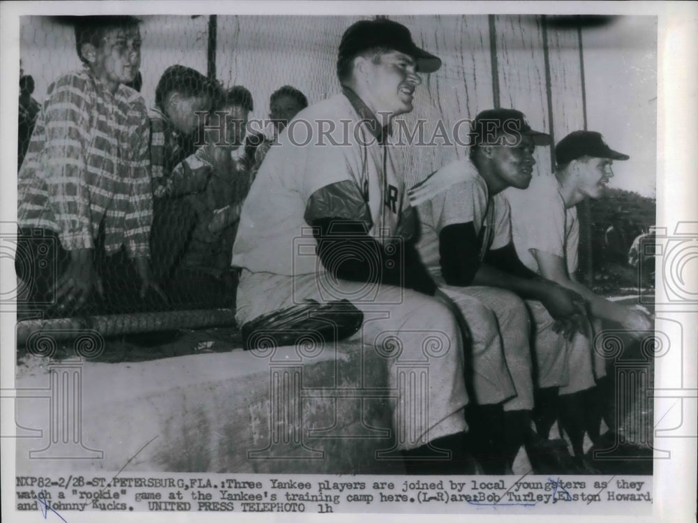 1956 Three Yankees Players joined youngster watched at Yankees Camp. - Historic Images