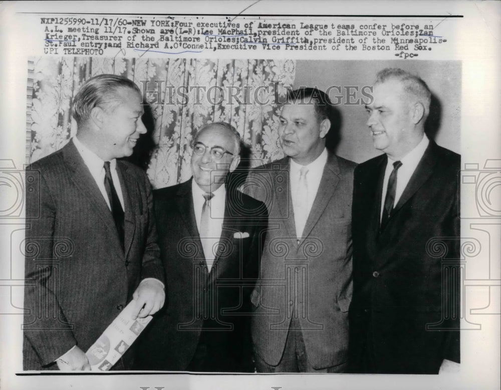 1960 Orioles Pres Lee MacPhail & Tres Krieger, Minneapolis Pres Grif - Historic Images