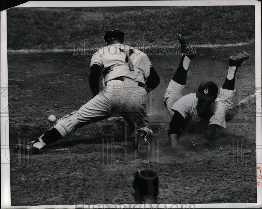 1966 NY Yankee Clete Boyer Scores Against Angels&#39; Bob Rogers - Historic Images