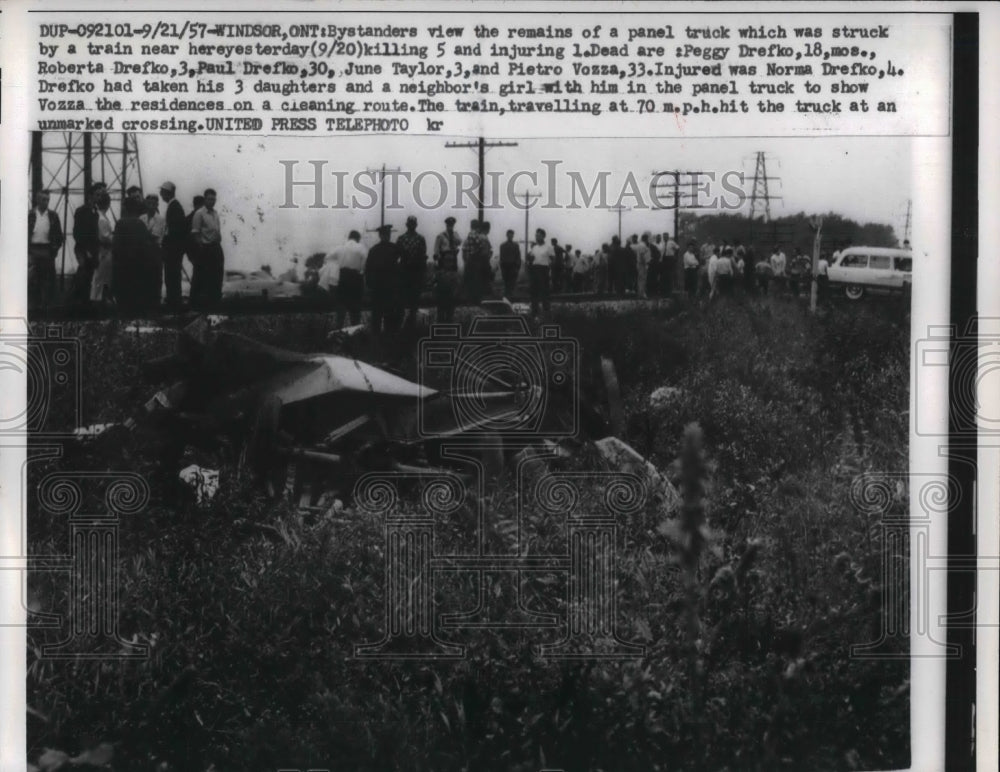 1957 Bystanders View Remains Of Panel Truck Struck By Train - Historic Images