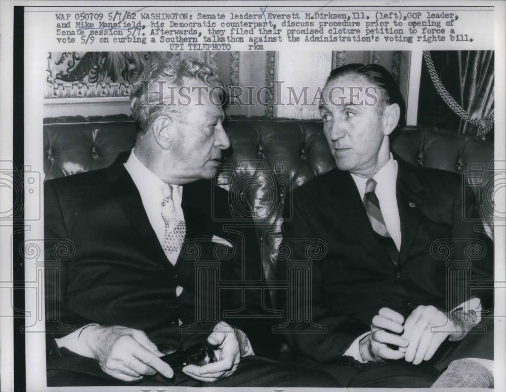 1962 Senate Leader Everett Dirksen with GOP leader Mike Mansfield. - Historic Images