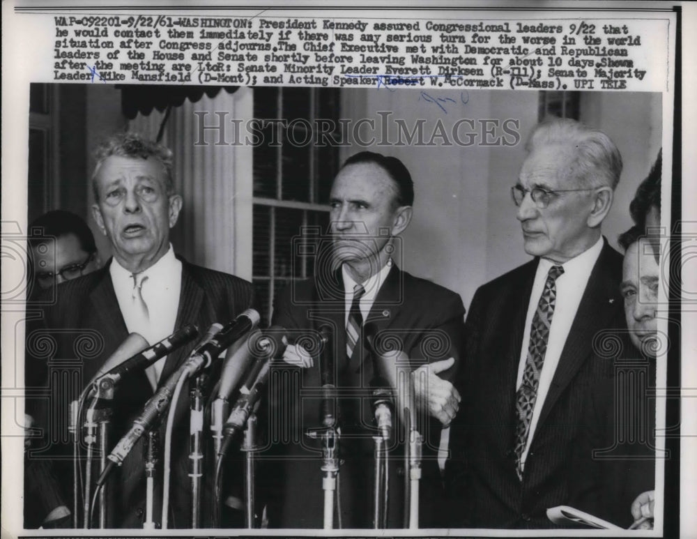 1961 Press Photo Sen.Everett Dirksen with Mike Mansfield and Robert W.McCormack. - Historic Images