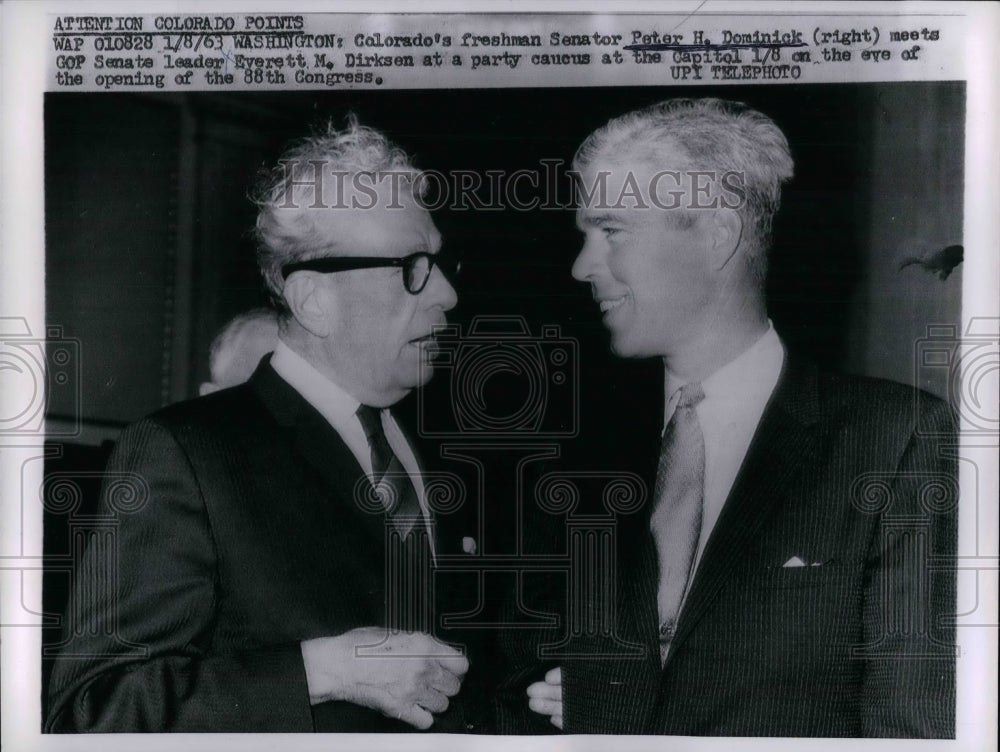 1963 Col. Sen, Peter H. Dominick meet Sen. Everett M.Dirksen of Ill - Historic Images