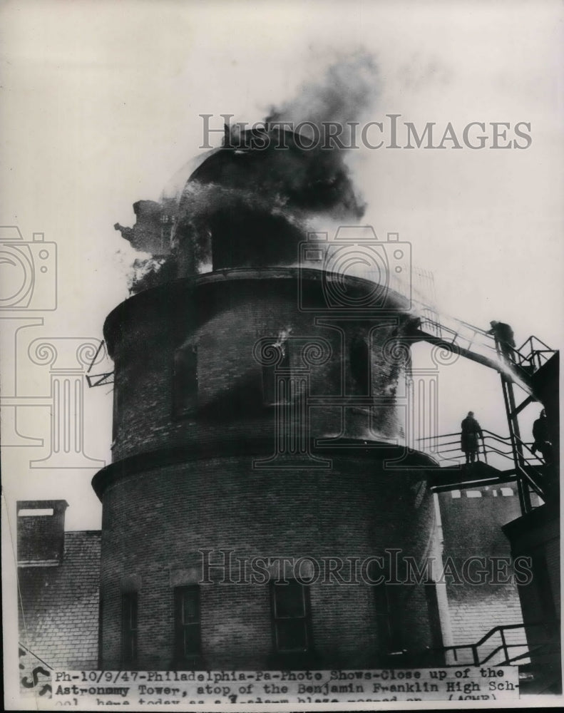 1947 Press Photo Benjamin Franklin High School Fire, Philadelphia, Pennsylvania - Historic Images