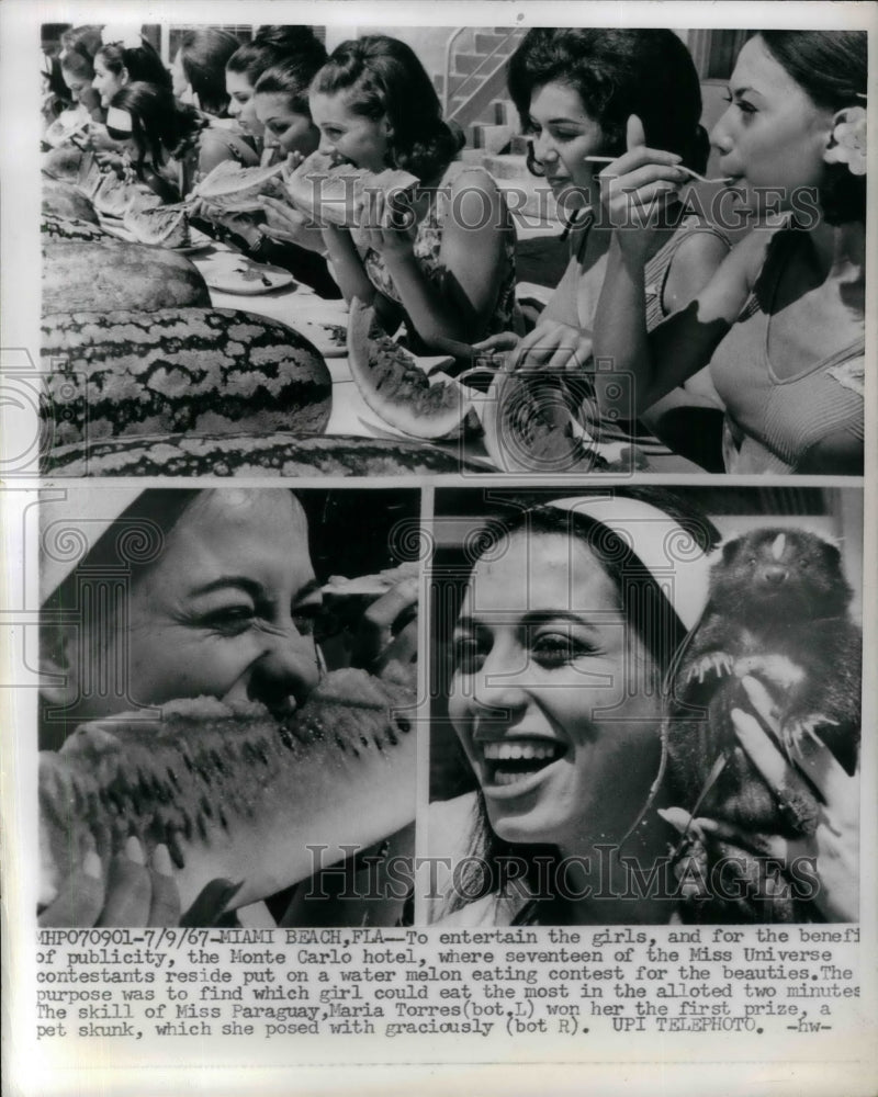1967 Press Photo Miss Universe contestants at watermelon eating contest - Historic Images