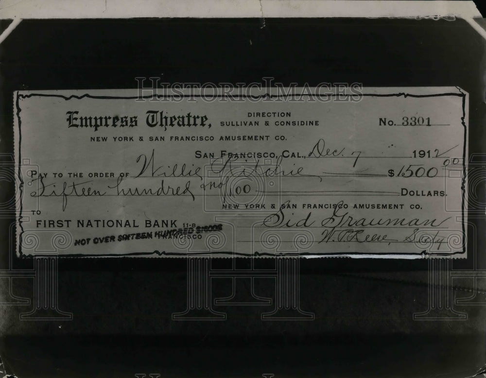 1912 Empress Theatre Check pay to order to Willie Ritchie - Historic Images