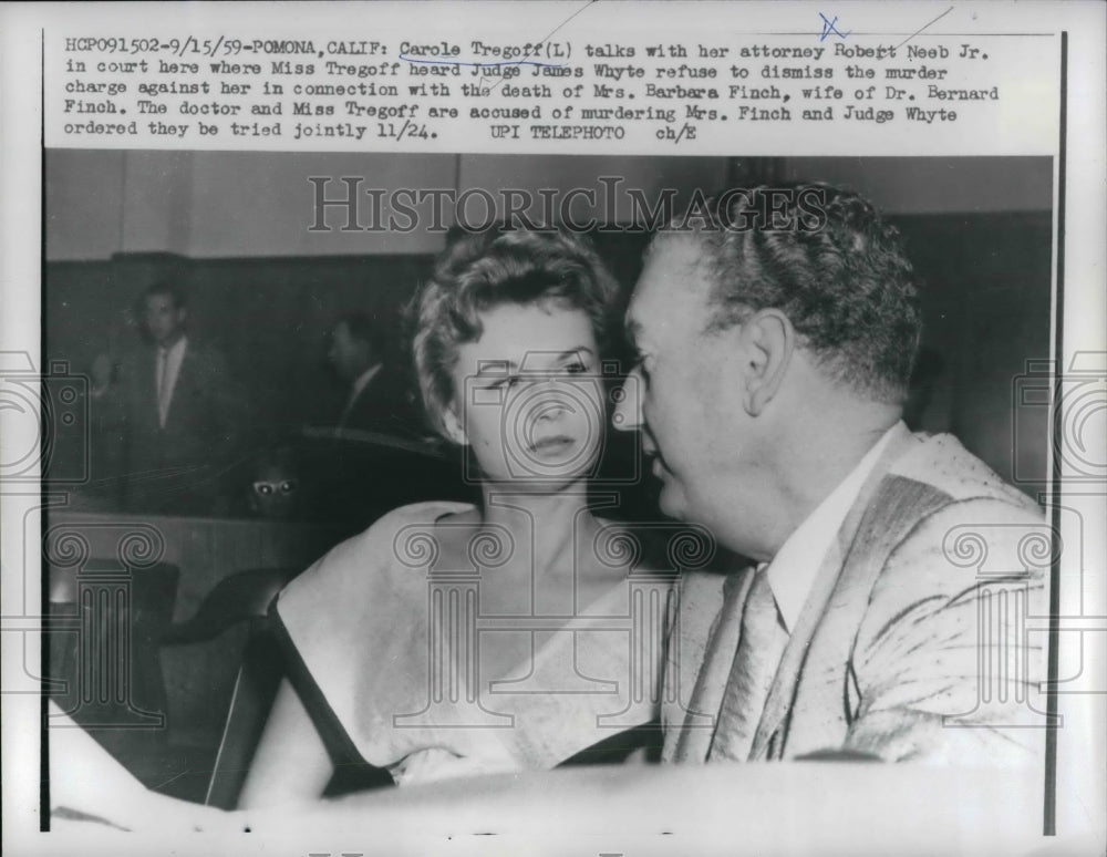 1959 Press Photo Carole Tregoff, Accused Murderer, Attorney Robert Neeb Jr., - Historic Images