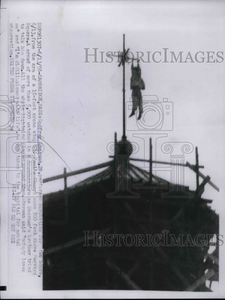 1956 Press Photo Godrey Sharmann Acrobatics performer St. Pauls Church - Historic Images