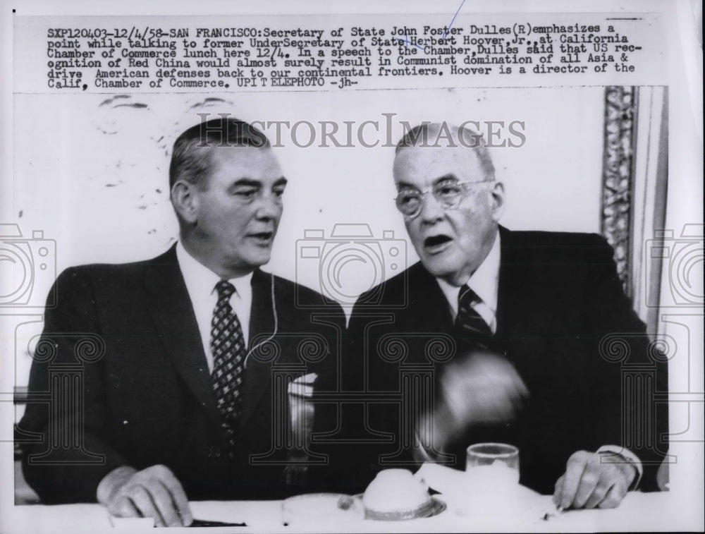 1958 Press Photo Secretary Of State John Foster Dulles Talks With Herbert Hoover-Historic Images