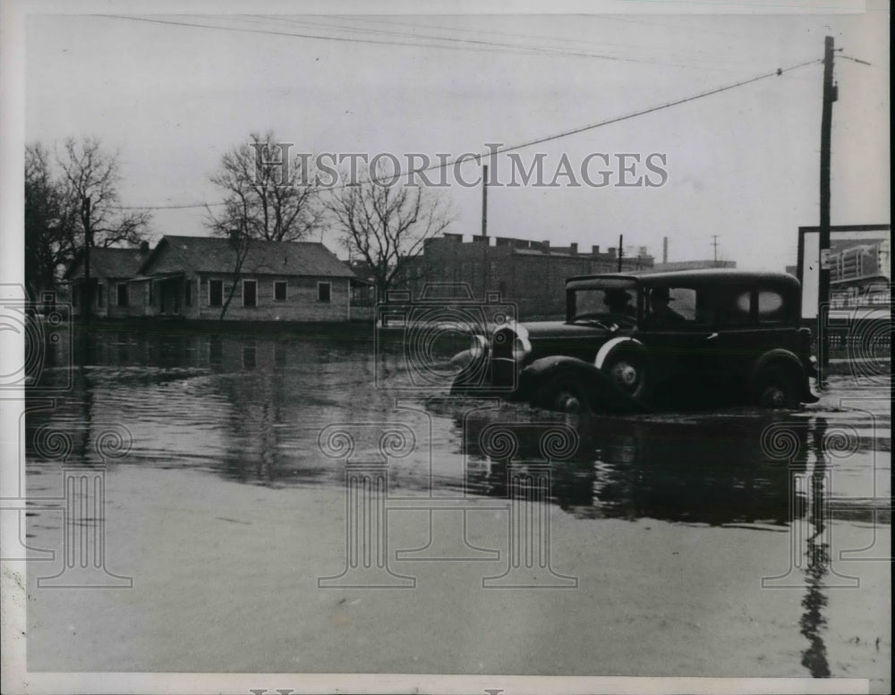 1938 Men Try Move Automobile Flooded In Wichita Falls, Texas - Historic Images