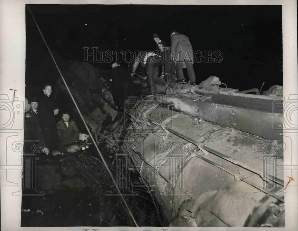 1940 Rescuers on Overturned Train Car in Wreckage of NY Train - Historic Images