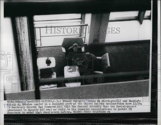 1956 Press Photo French Delegate Louis De. Quiringaud ,Russia Arkady A. Sobolev - Historic Images