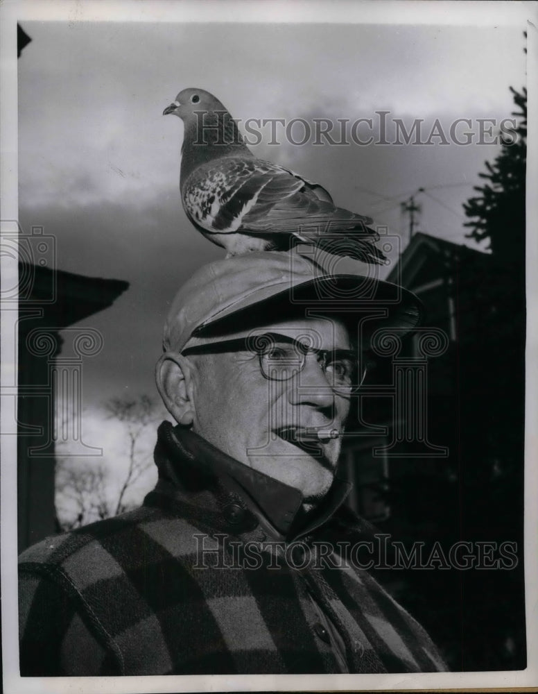 1958 Press Photo Elmer Custrout of Hartford, Conn withh pigeon on his head - Historic Images