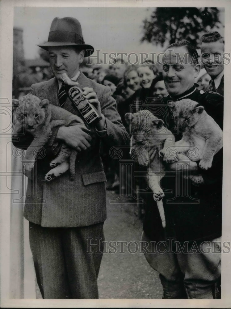 1936 Press Photo Richard Heyward, Irish Actor Feeds Lions Liquor - nea29874 - Historic Images