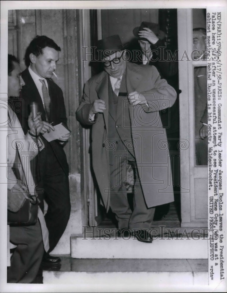 1958 Press Photo Communist Party Leader Jacques Duclos, Deputy Waldeck-Rochet - Historic Images