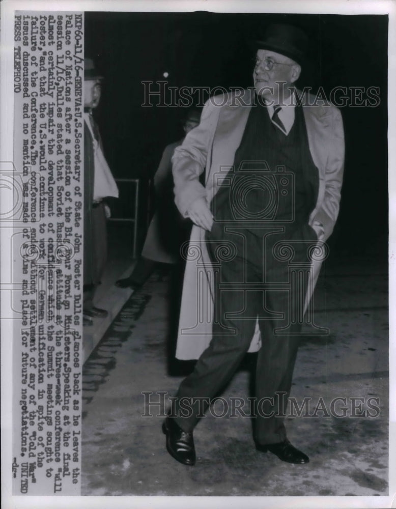 1955 Press Photo Sec.of State John Foster Dulles as he leaves Palace of Nations - Historic Images