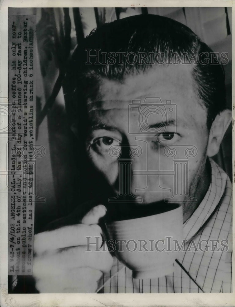 1947 Press Photo Claude Baxter Sips Coffee During Fast World&#39;s Hungry Children - Historic Images