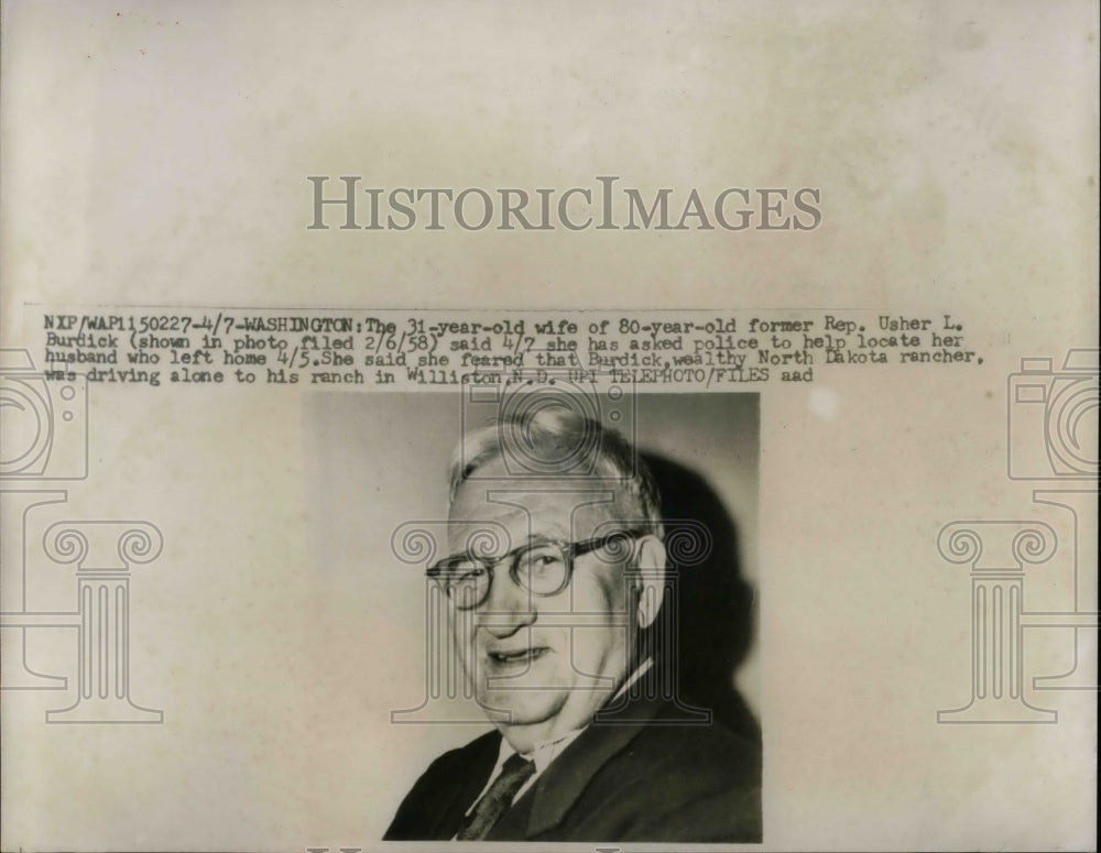 1959 Press Photo Rep Usher Burdick Reported Missing By Wife - nea31201 - Historic Images