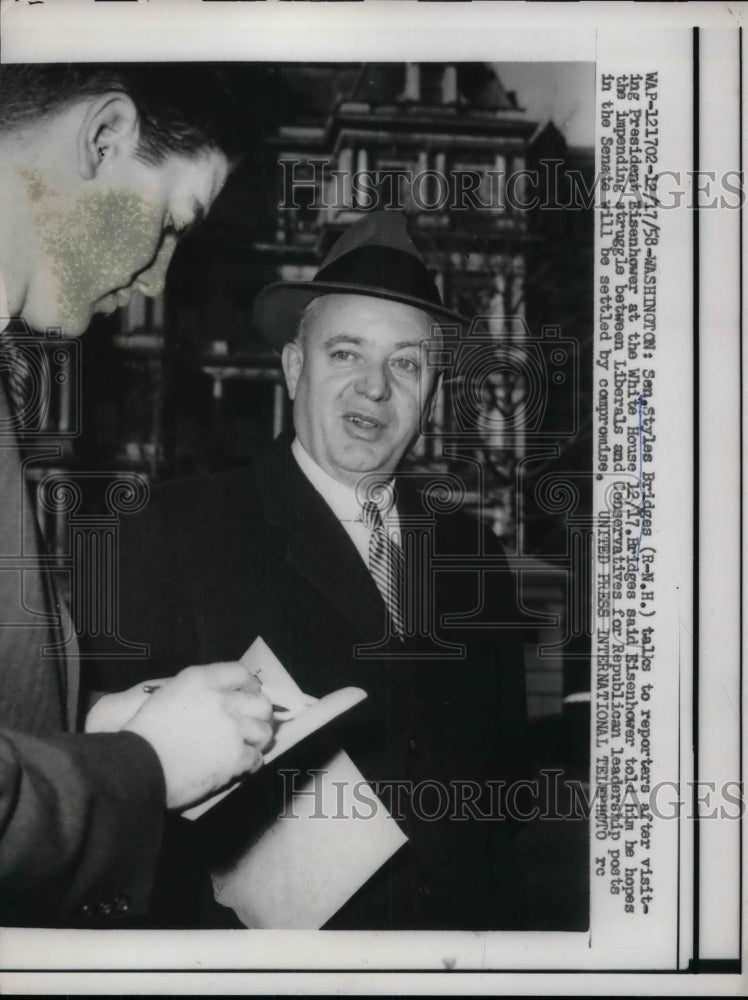 1958 Press Photo Sen.Styles Bridges of New Hampshire talk to reporter. - Historic Images