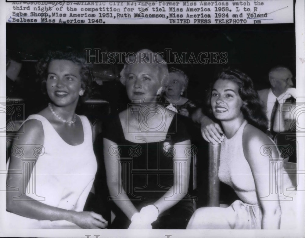 1957 Press Photo Former Miss Americas Bebe Shopp, Ruth Malcolmson, Yoland - Historic Images