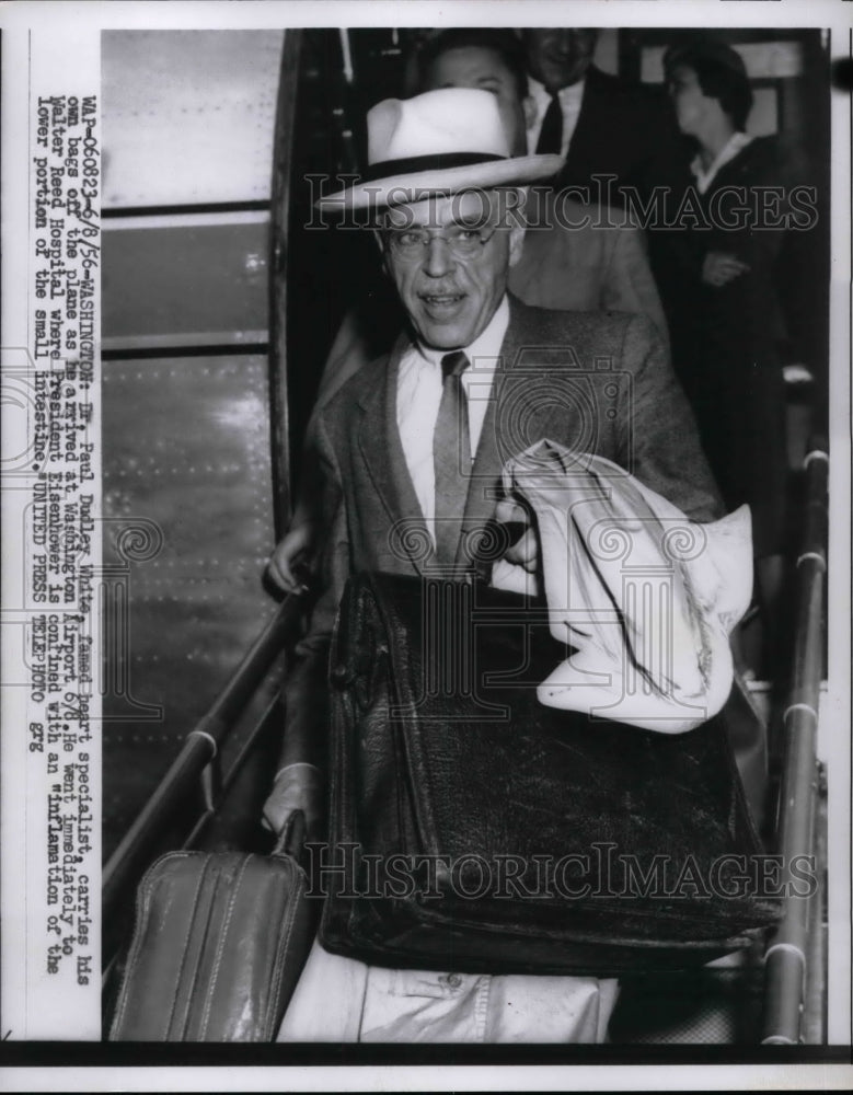 1956 Press Photo Dr. Paul Dudley White arriving at Washington Airport - Historic Images