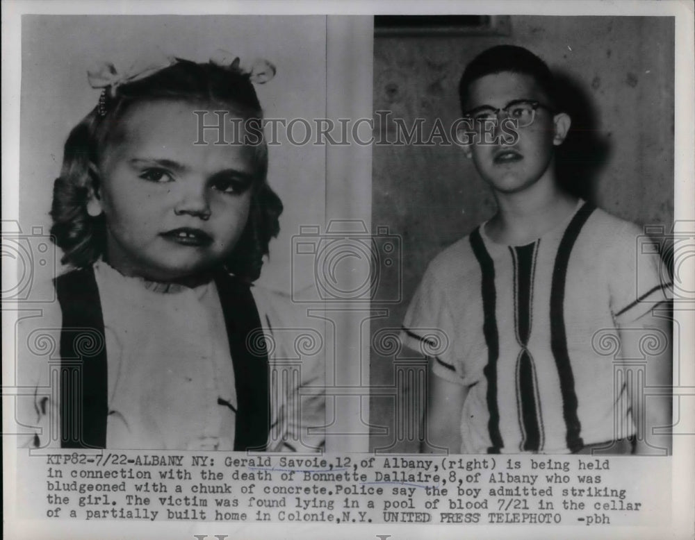 1954 Press Photo Gerald Savoie held in death of Bonnette Dallaire in NY - Historic Images