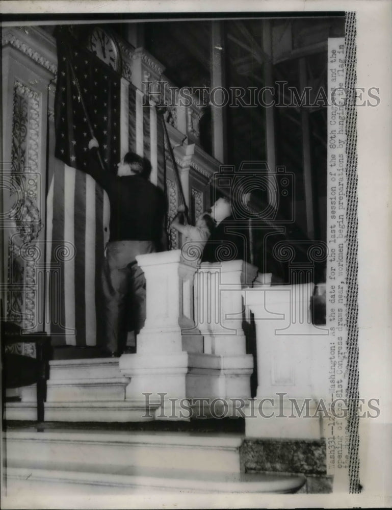 1949 workers hanging flags in preparation for 80th Congress in DC - Historic Images