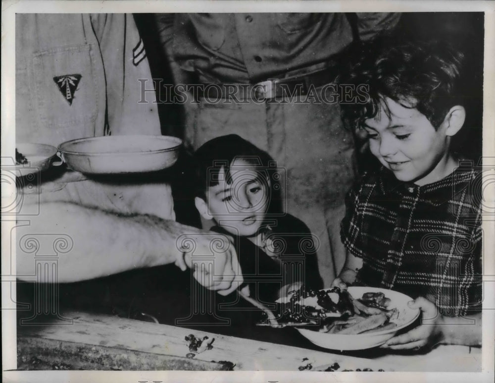 1944 French Youngsters Having Hot Dogs &amp; Raisin Pie  - Historic Images