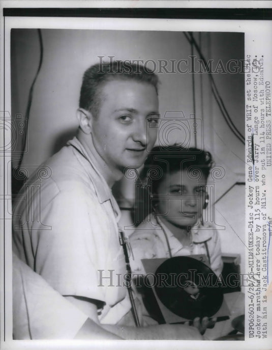 1956 Press Photo Disc Jockey Gene Edwards, WRIT, Disc Jockey Marathon - Historic Images