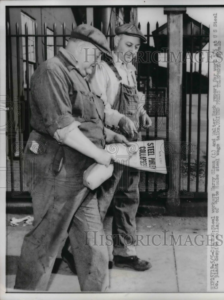 1952 Press Photo Steel Workers Harry Olson &amp; Walter Beck Reporting For Work - Historic Images