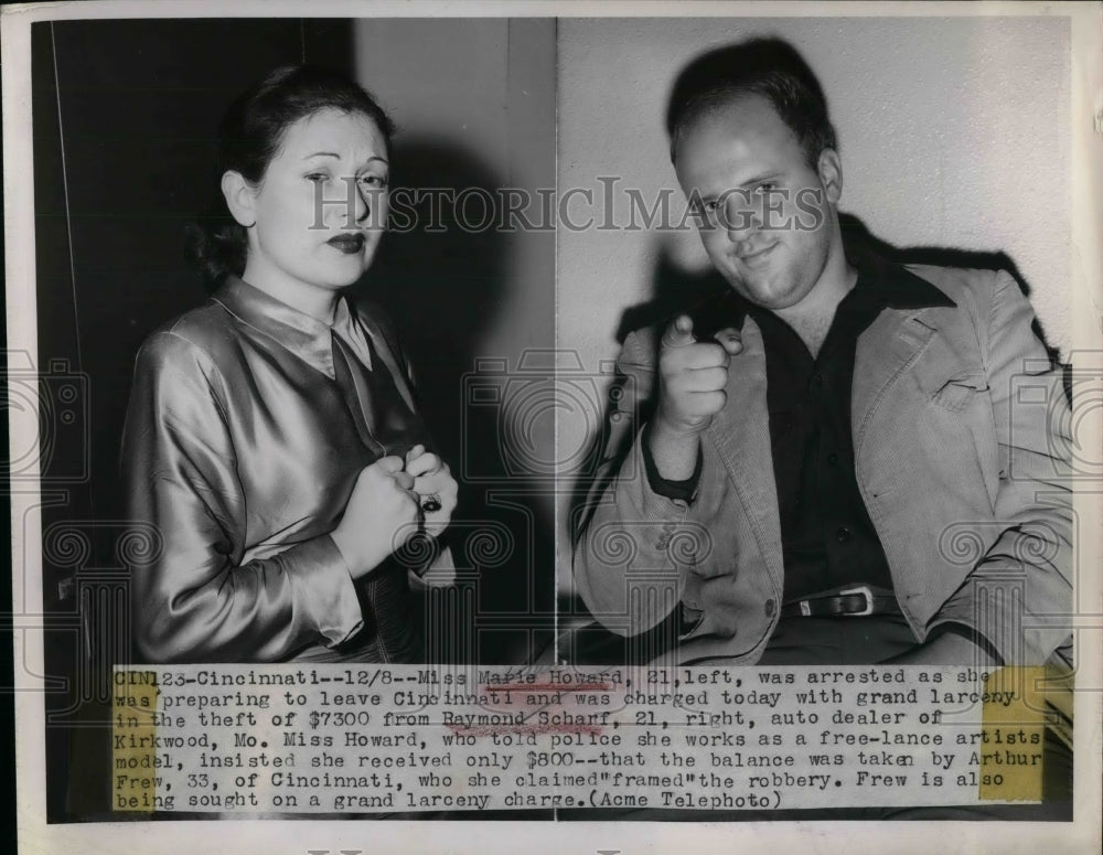 1949 Press Photo Maple Howard Arrested After Stealing $7300 form Raymond Scharf - Historic Images