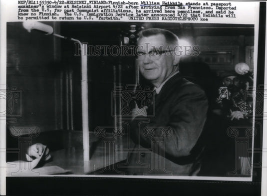 1958 Press Photo William Heikkila arrives at a Finland airport. - nea34280-Historic Images