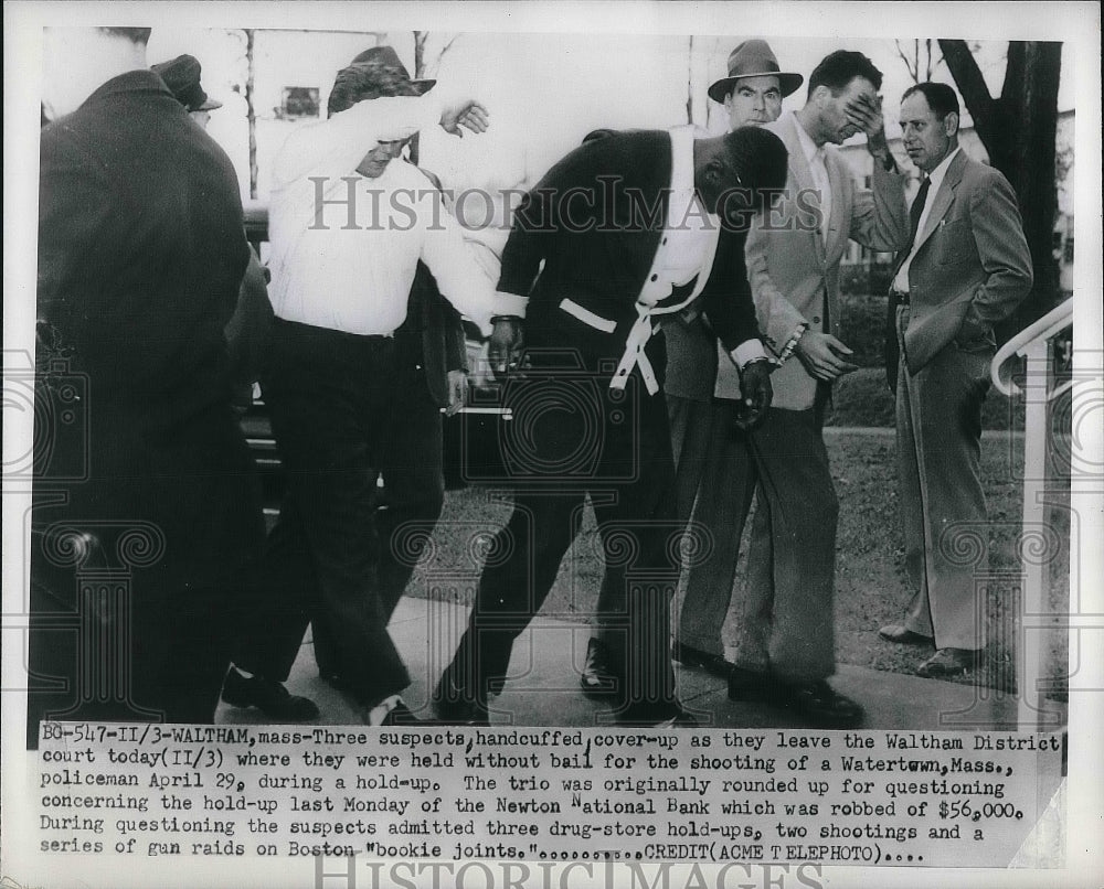 1950 Press Photo Trio Leave Waltham Court in Shooting of Watertown Policeman-Historic Images
