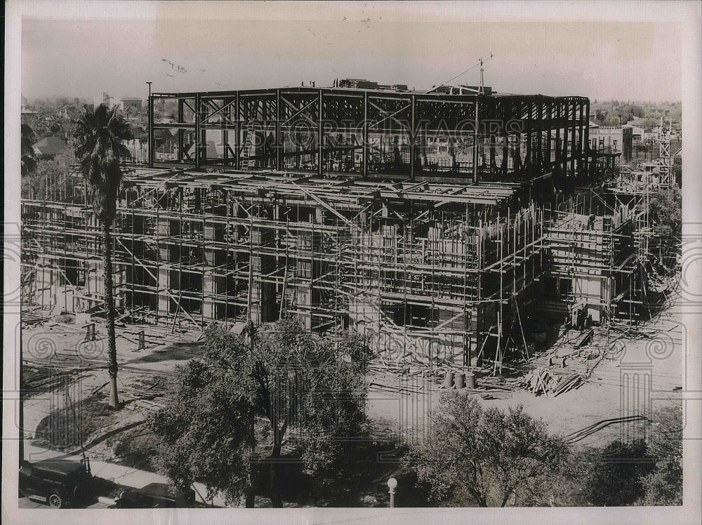 1936 Press Photo Construction site of Memorial Auditorium at Fresno California. - Historic Images