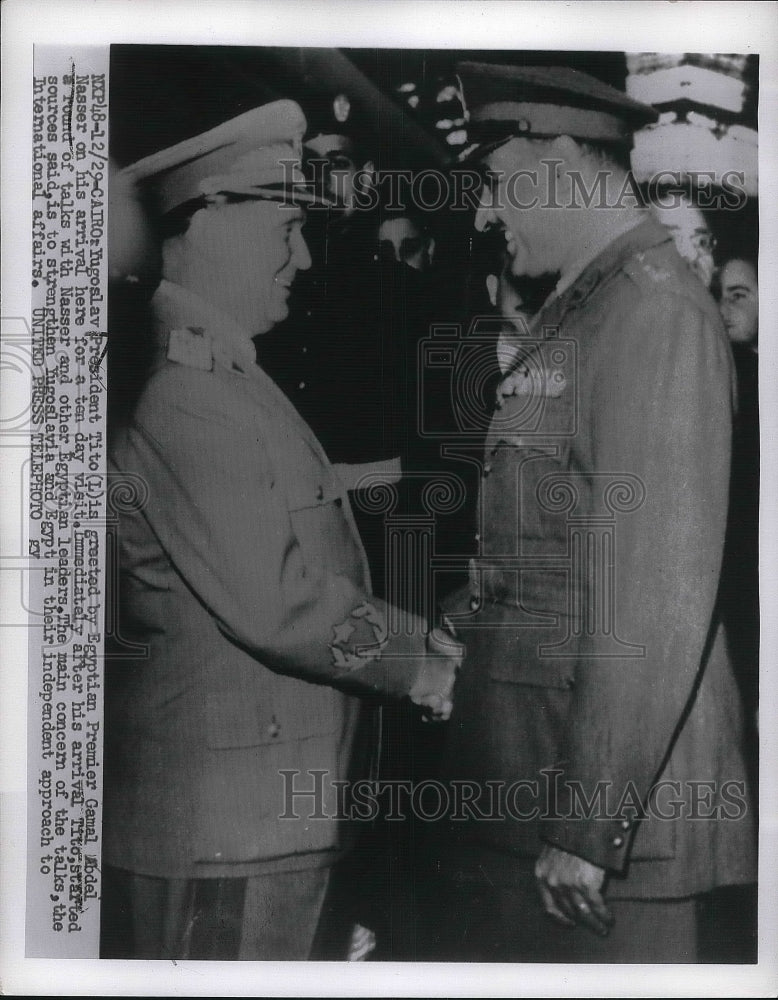 1955 Press Photo President Tito is greated in Cairo by Premir Gamal dal Nasmer. - Historic Images