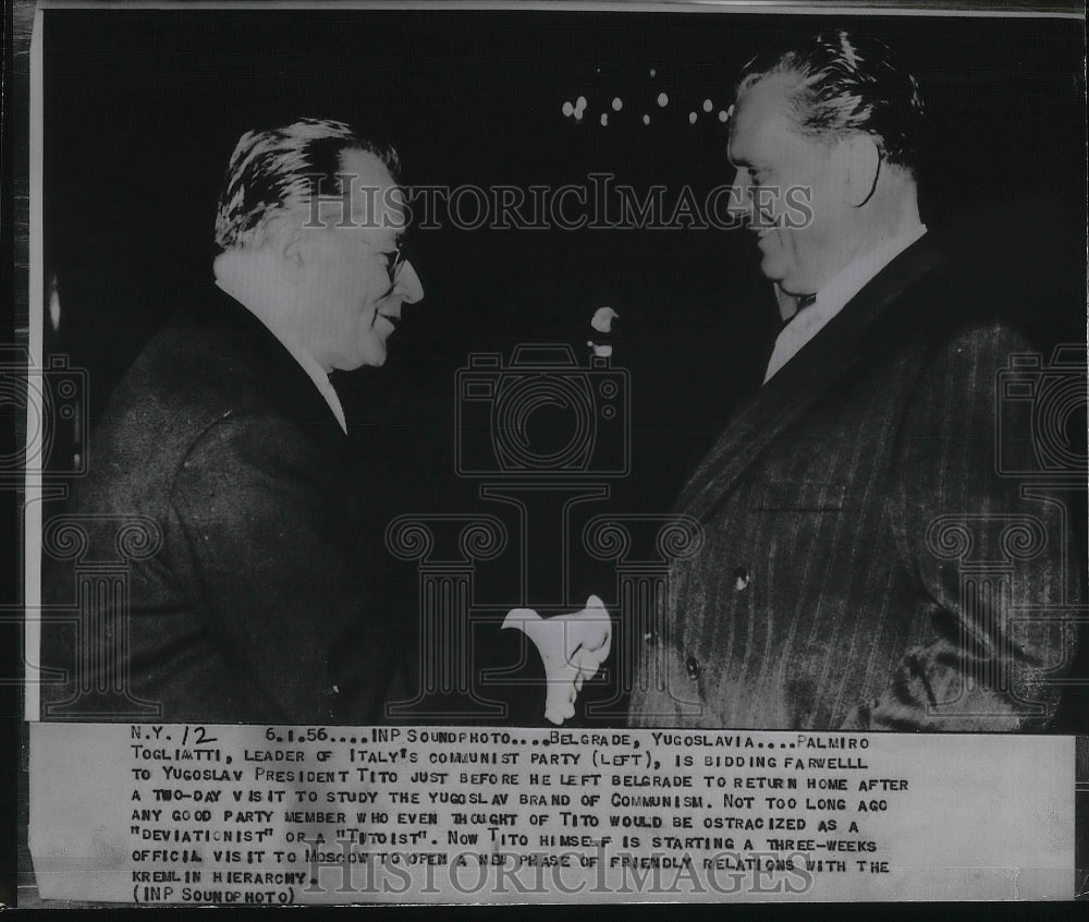 1956 Press Photo Palmiro Togliatti, Yugoslavia Pres. Tito - nea36522 - Historic Images