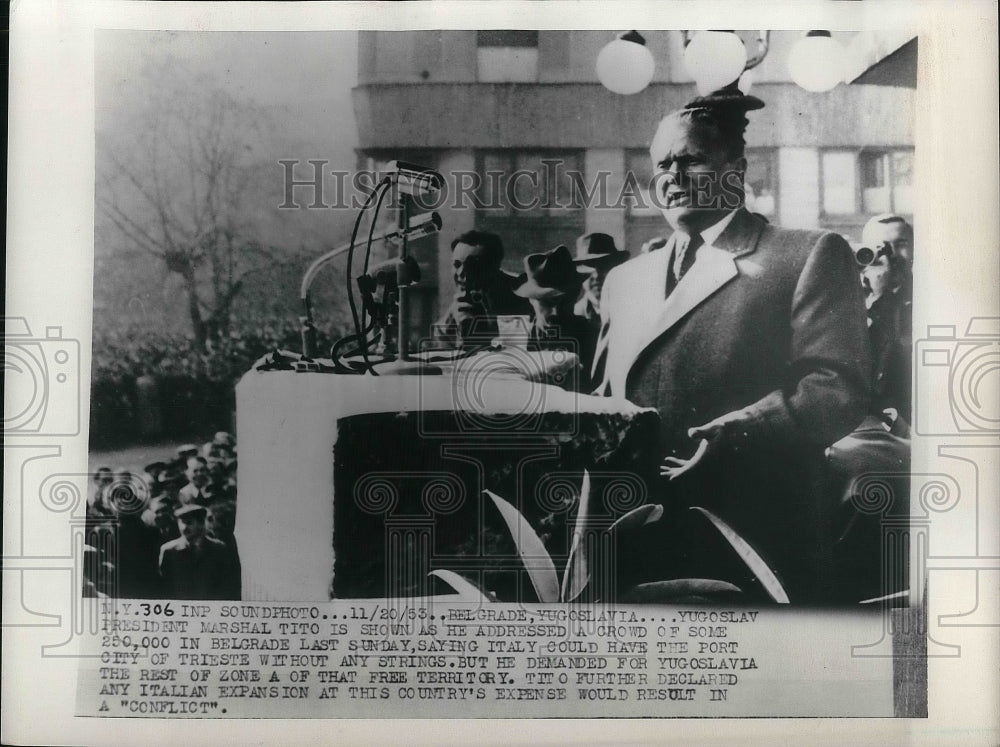 1953 Press Photo Pres. Marshal Tito Addressed Crowd in Belgrade - Historic Images
