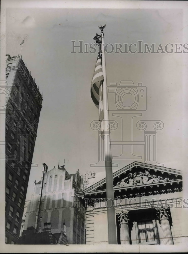 1937 Flag Pole in front of the Public Library in New York City. - Historic Images