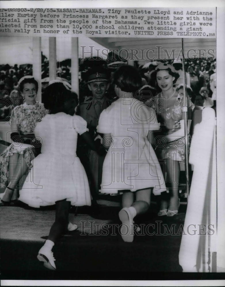 1955 Paulette Lloyd and Adrianne Miller meeting Princess Margaret - Historic Images
