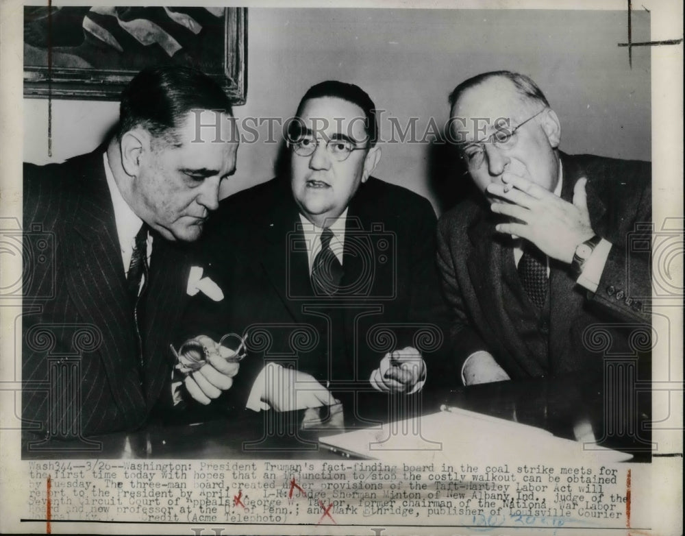 1948 Press Photo President Truman Judge Sherman Minton George Taylor Board - Historic Images