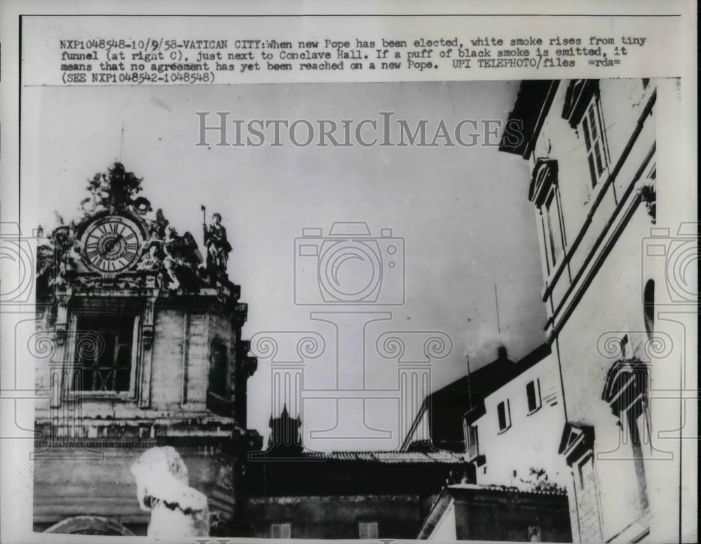 1958 Press Photo White Smoke rises symbolized for new Pope at Vatican City,-Historic Images