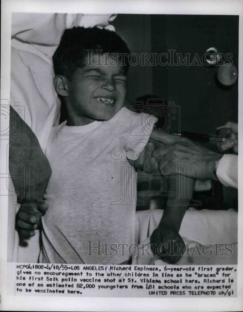 1955 Press Photo Richard Espinoza,having his Polio Vaccine Shot at School. - Historic Images
