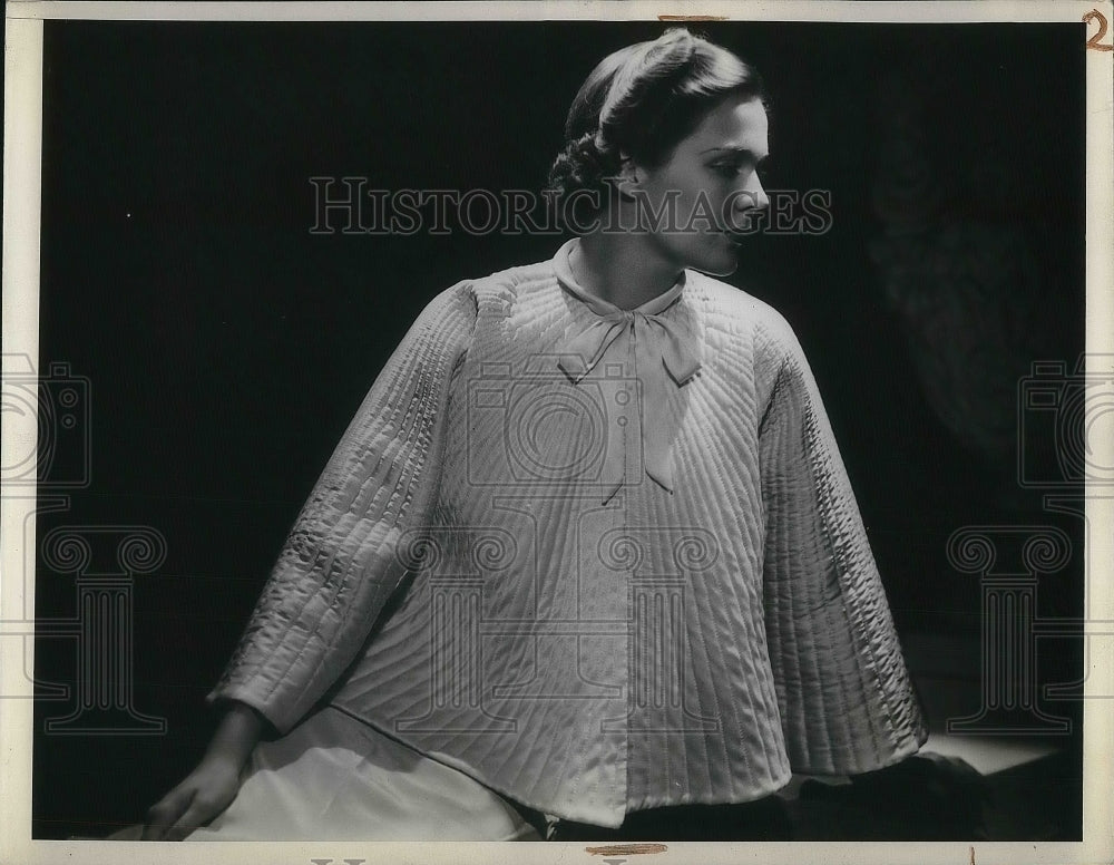 1937 Press Photo Model Wearing Bow Blouse with Quilted Jacket - nea38118 - Historic Images