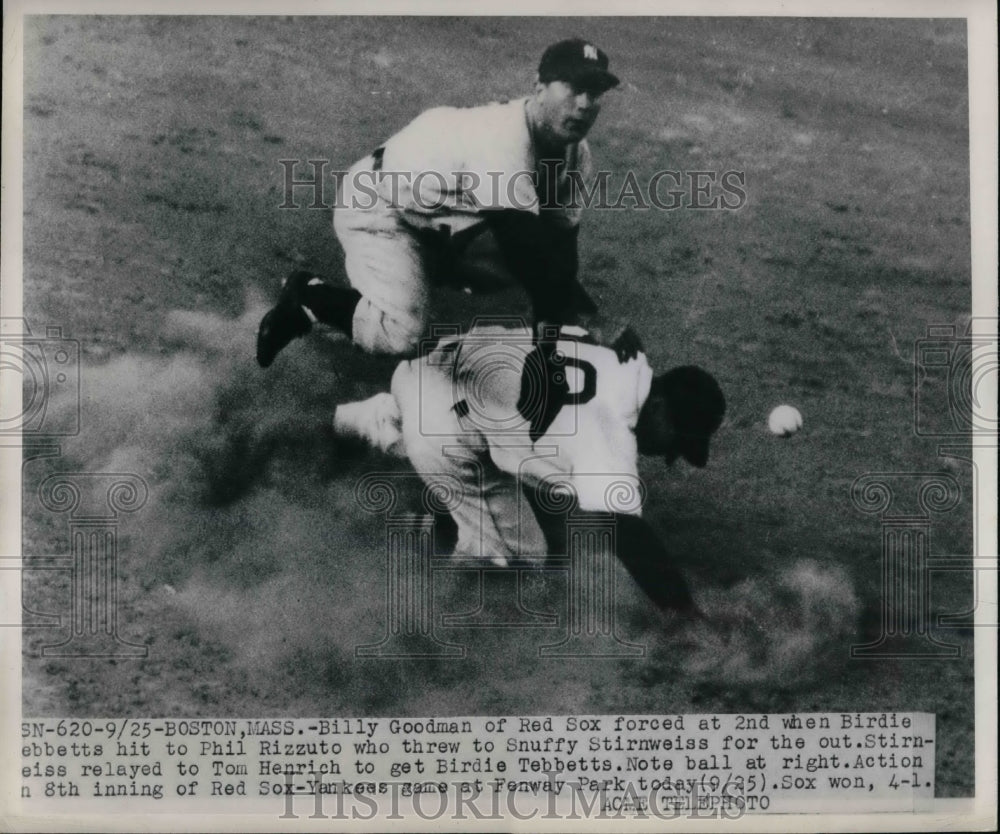 1949 Press Photo Yankees' Snuffy Stirnweiss Takes Out Red Sox's Billy Goodman - Historic Images