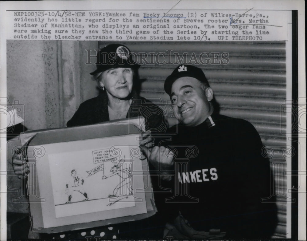 1958 Press Photo Yankees Fan Rocky Luongo Mrs. Martha Steiner cartoon-Historic Images