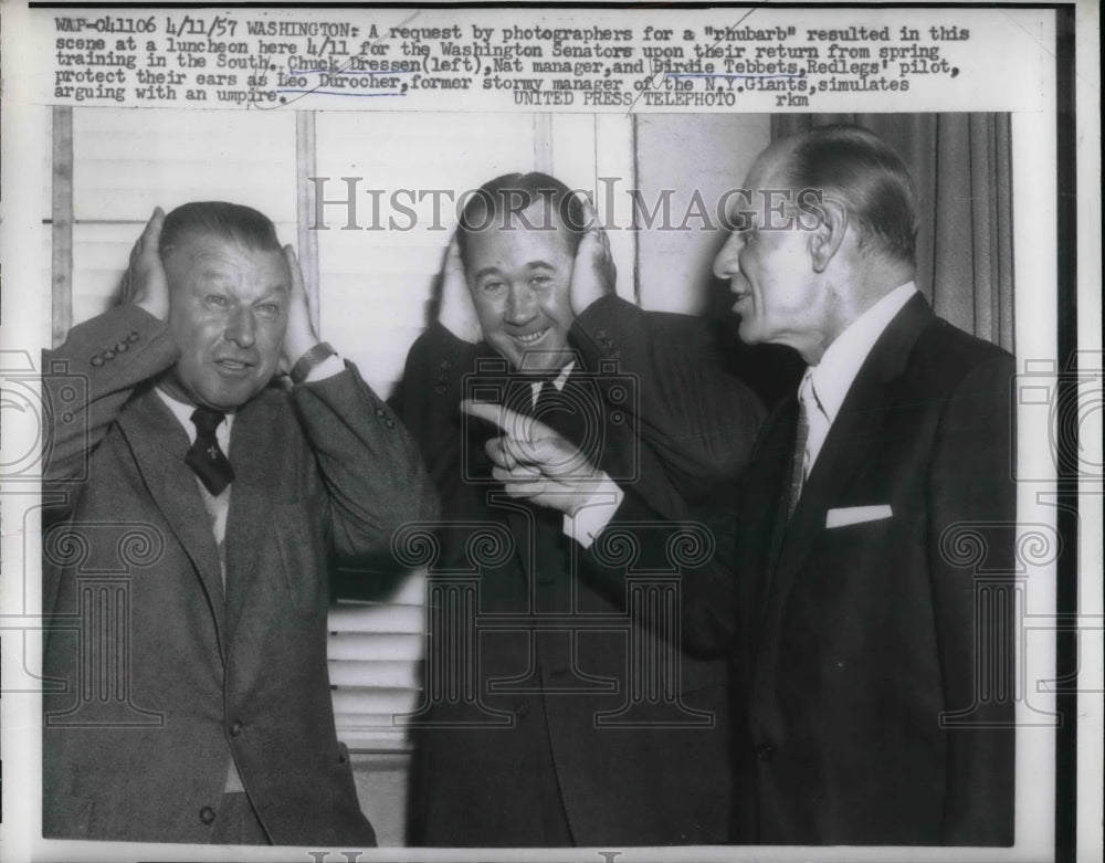 1957 Press Photo Chuck Dressen of Senators, Birdie Tebbets of Reds, Leo Durocher - Historic Images