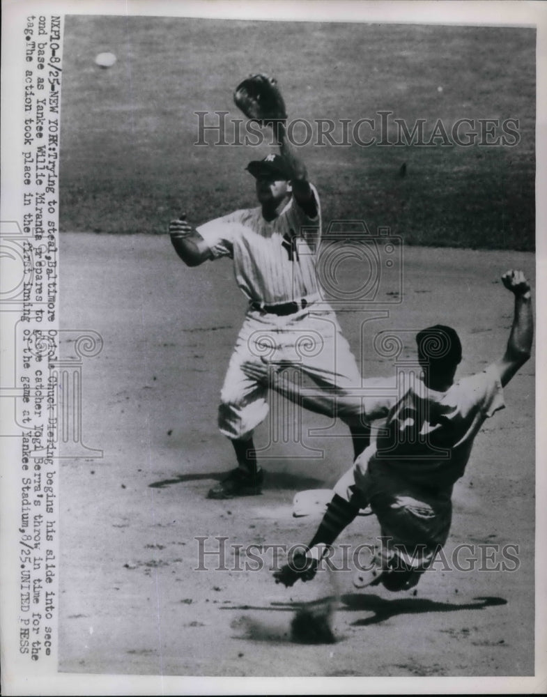 1954 Press Photo Baltimore Oriole Chuck Diering Yankees Willie Miranda Yogi Berr-Historic Images